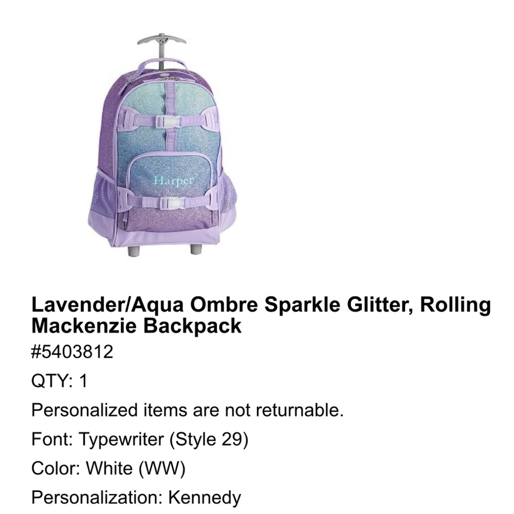 *Brand New* Pottery Barn Kids rolling backpack - engraved “Kennedy”
